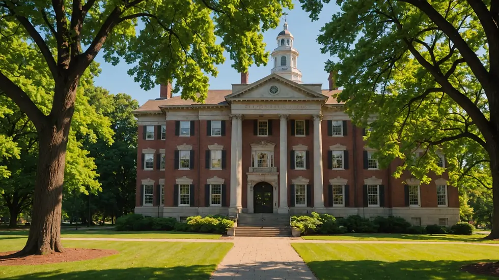 Eye-level view of Rhode Island College’s historic building surrounded by leafy trees