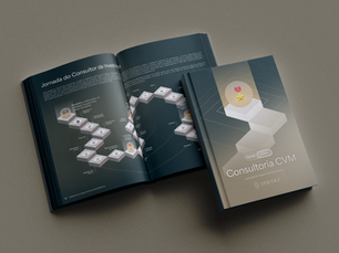 Mockup de um ebook da Veritas intitulado “Consultoria CVM”. À direita, a capa do material com design minimalista e geométrico; à esquerda, o livro aberto exibindo uma página sobre a “Jornada do Consultor de Investimentos”, com um fluxograma em formato de etapas conectadas, representando o caminho do profissional no mercado.