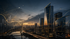Imagem noturna de um skyline urbano, com prédios modernos e gráficos de dados digitais e tendências financeiras projetados sobre a cidade, destacando linhas e barras de crescimento no cenário de fim de tarde.