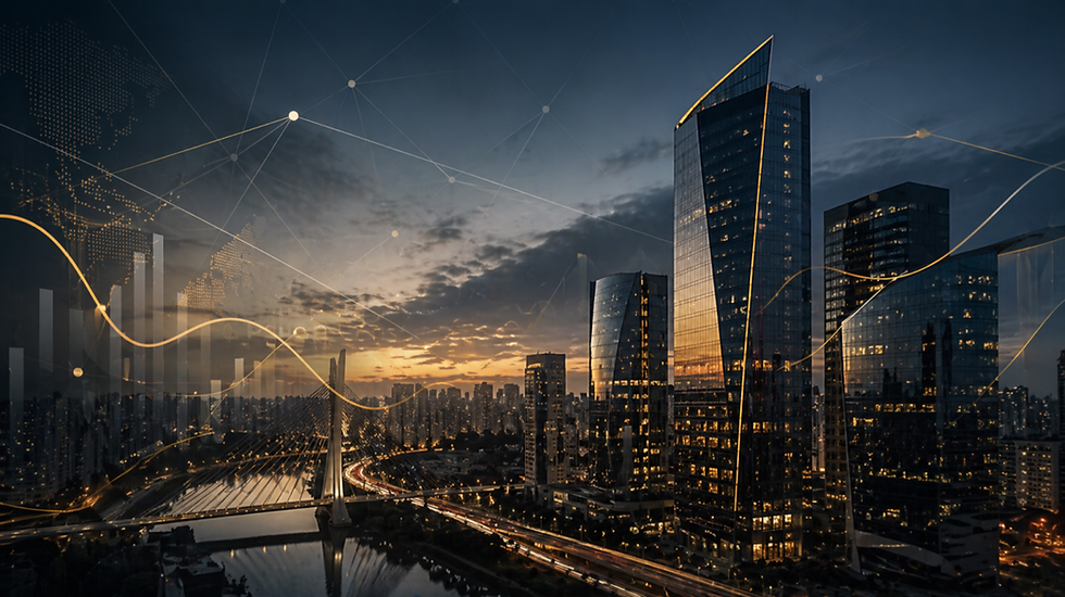 Imagem noturna de um skyline urbano, com prédios modernos e gráficos de dados digitais e tendências financeiras projetados sobre a cidade, destacando linhas e barras de crescimento no cenário de fim de tarde.