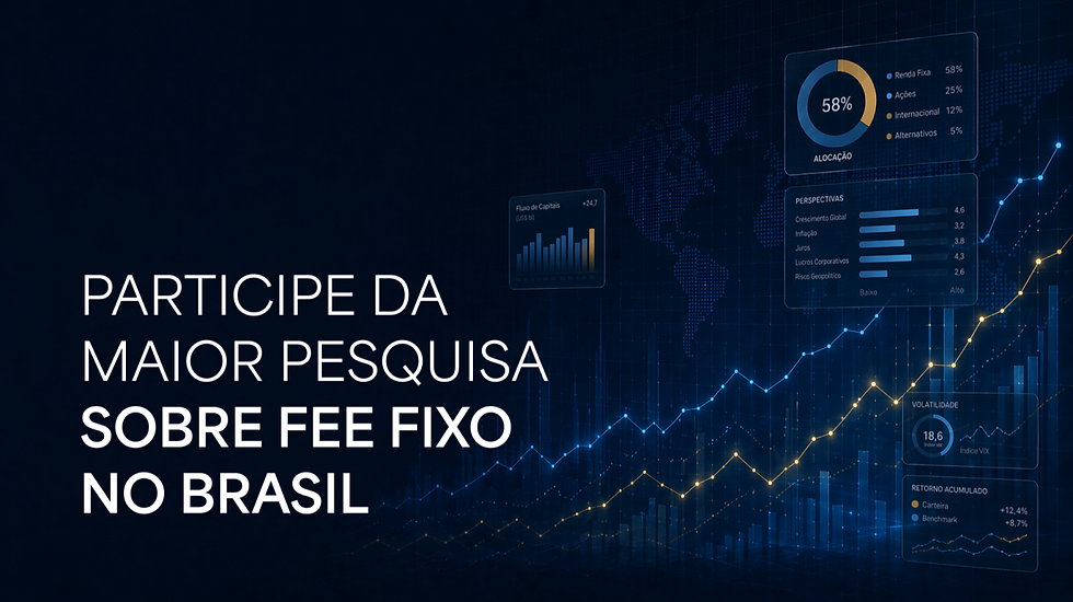 Imagem com gráfico digital e dados financeiros, destacando a pesquisa sobre fee fixo no Brasil, com informações e visualizações gráficas de diferentes métricas.