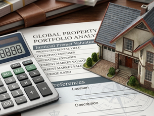 Imagem de análise imobiliária sobre uma mesa: uma calculadora em primeiro plano, ao lado de documentos com termos como “Global Property Portfolio Analysis”, “Projected Rental Yield” e “Current Market Value”, além de uma maquete de casa residencial sobre os papéis. Ao fundo, aparecem cadernos e uma pilha de cédulas.