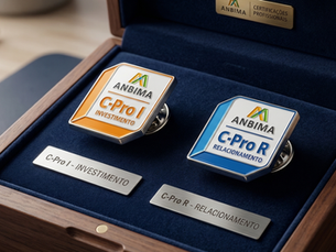 Imagem de um estojo elegante exibindo dois pins de certificações da ANBIMA: “C-Pro I – Investimento” em tom dourado e “C-Pro R – Relacionamento” em tom azul. Ambos estão organizados lado a lado sobre um revestimento interno escuro, com etiquetas identificando cada certificação, transmitindo uma ideia de reconhecimento profissional no mercado financeiro.