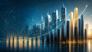Imagem digital de um cenário urbano futurista com prédios altos e gráficos financeiros ascendentes, com uma linha de tendência indicando crescimento e progresso, além de partículas que se dispersam na parte inferior, simbolizando transformação