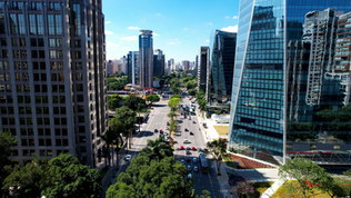 Vista aérea de avenida larga em centro urbano, cercada por edifícios altos e modernos de vidro, com trânsito leve, árvores ao longo da via e céu azul ao fundo.