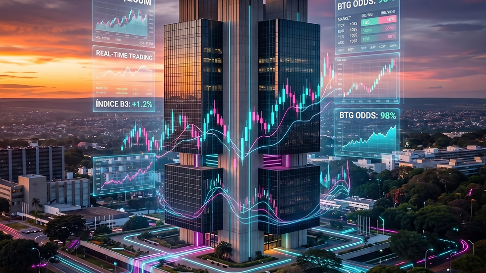 Imagem futurista de um prédio com gráficos de mercado e dados financeiros digitais projetados nas fachadas, destacando informações como 'Real-Time Trading', 'Índice B3', e 'BTG Odds', com gráficos ascendentes e dados de mercado ao fundo.