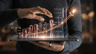 Pessoa segurando um tablet com gráfico financeiro em 3D, barras de crescimento, linha ascendente e seta apontando para cima, representando alta de mercado e evolução de investimentos.