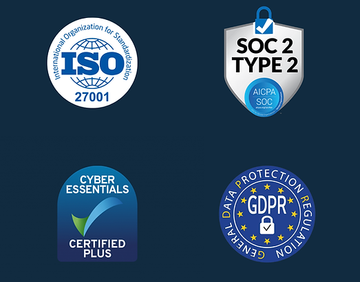 Unified Project Platform security badges: ISO 27001, SOC 2 Type 2, Cyber Essentials Plus, and GDPR compliance.