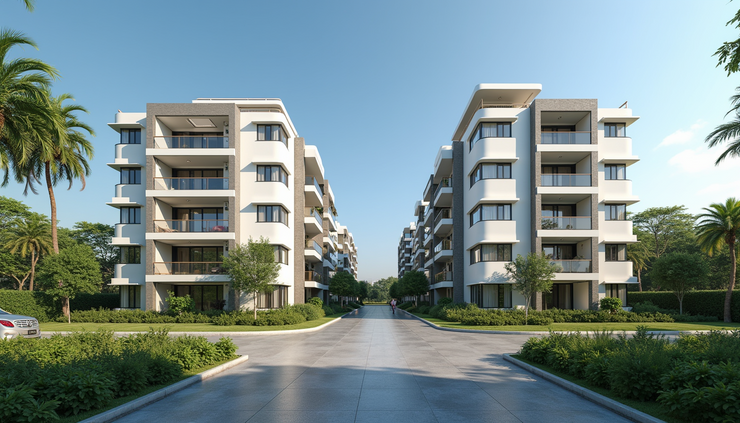 Eye-level view of a modern residential complex in Perumbakkam with greenery and clear skies