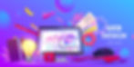 Buntes Bild mit einem Monitor im Hintergrund, welcher Webdesign darstellen soll