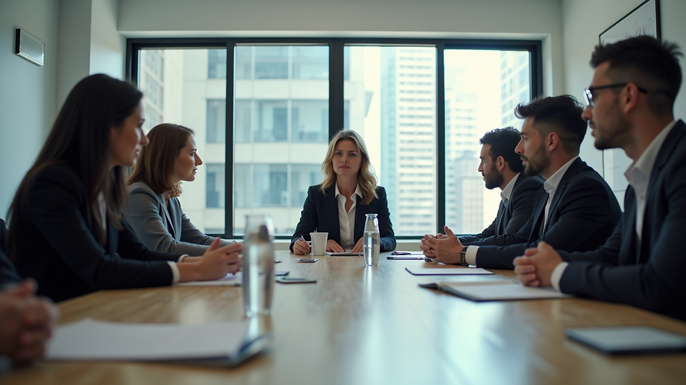Eye-level view of a business team discussing growth strategy around a conference table