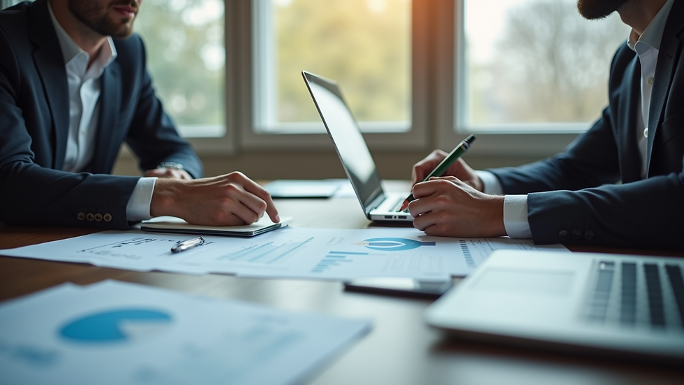 High angle view of a business meeting with charts and laptops on the table