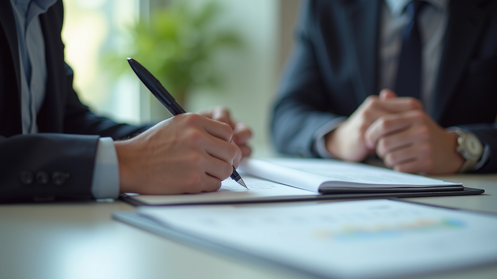 Eye-level view of a business consultant reviewing documents with a client