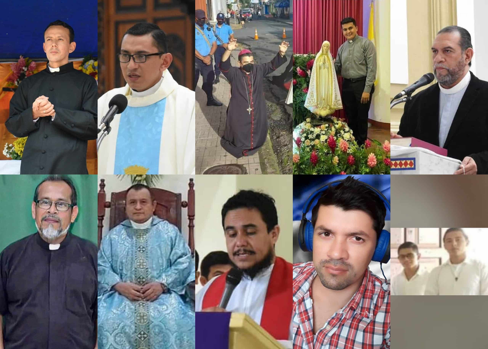 Grupo de sacerdotes que fueron desterrados hacia Roma, en las imágenes se observa a monseñor Rolando Alvarez, el que aún permanece preso en las celdas del régimen. Sacerdotes