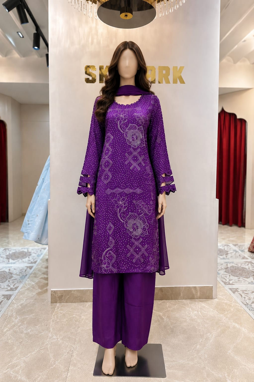 Elegant royal purple embroidered silk suit set for women featuring a straight-fit kurta, wide-leg pants, and matching dupatta