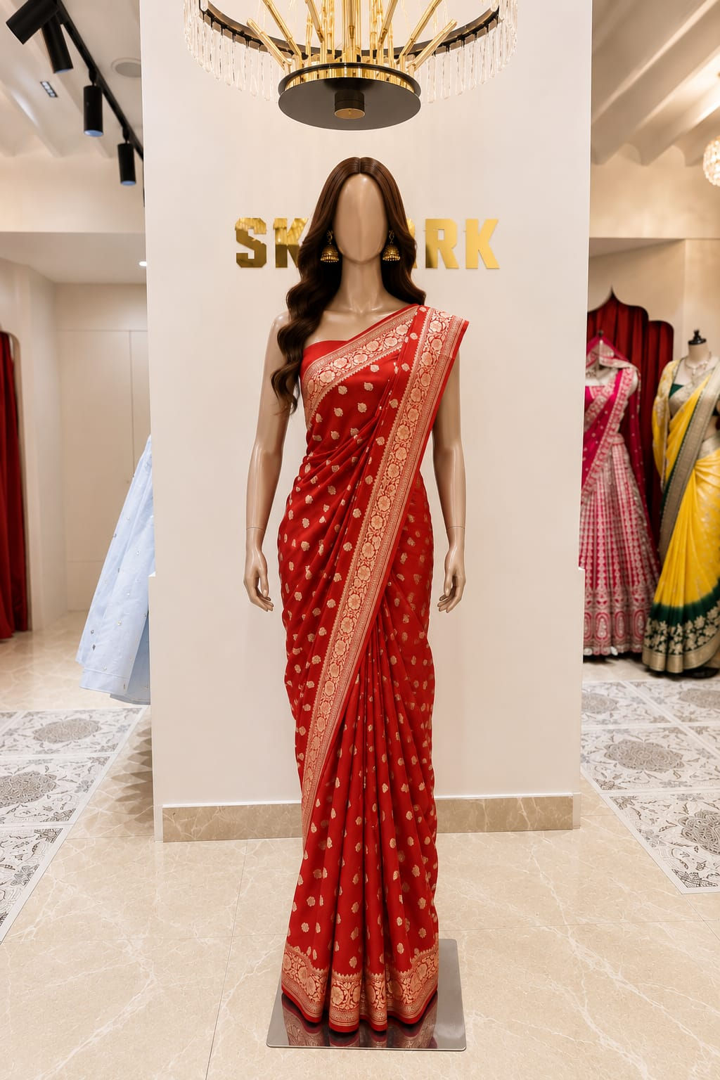 Elegant Orange Banarasi silk saree with intricate gold zari buti motifs, traditional woven border, and matching blouse