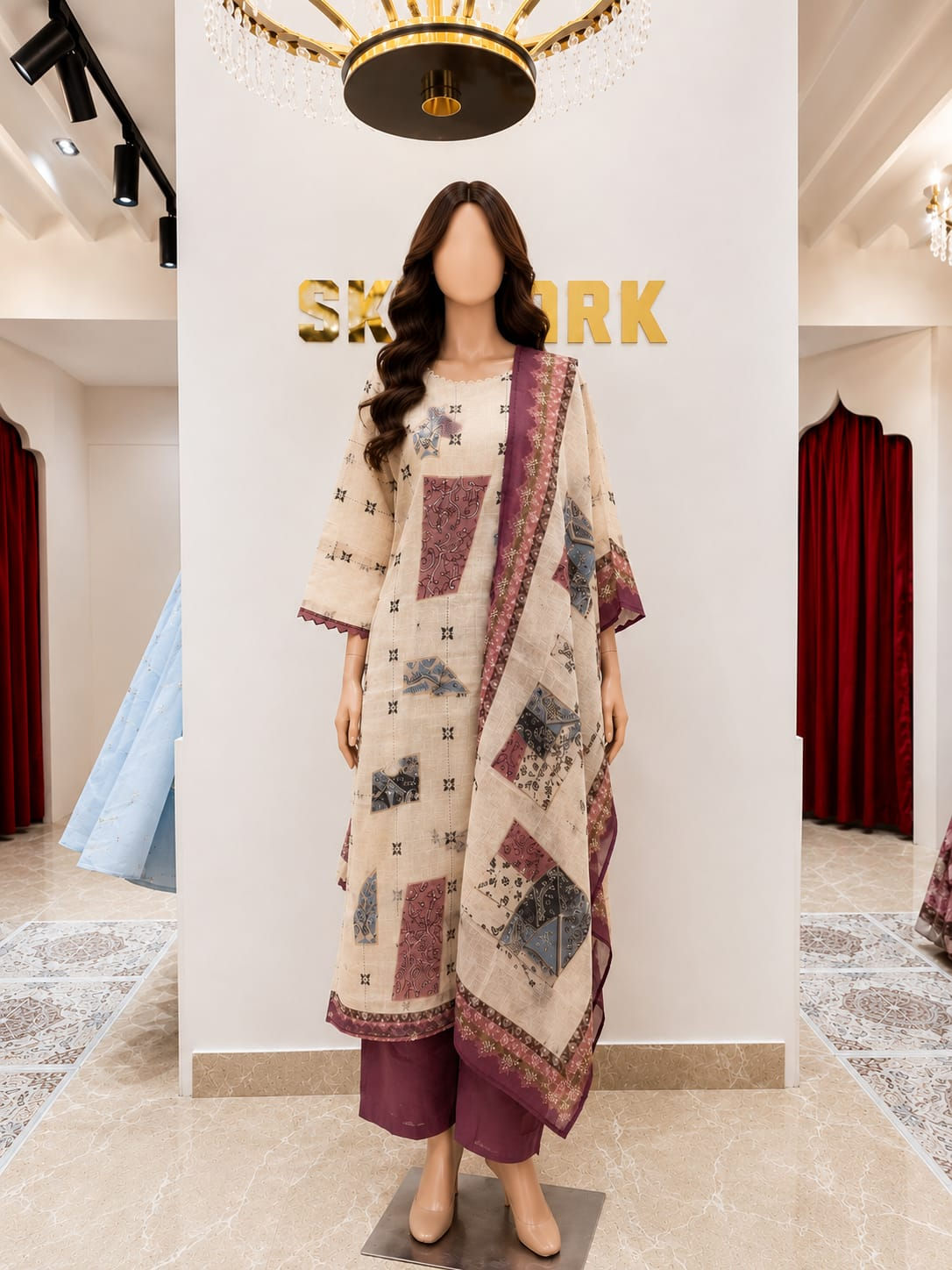 Elegant beige linen cotton printed kurti set for women featuring straight-fit pants and a matching printed dupatta.