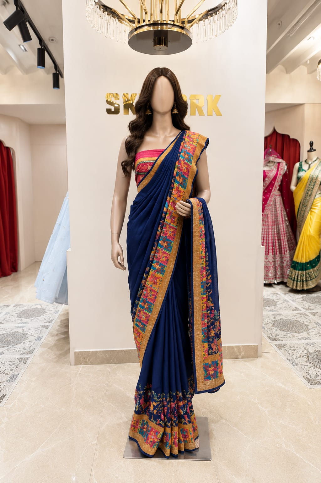 Navy blue semi silk Kalamkari saree with vibrant traditional printed border, artistic motifs, and matching blouse for women