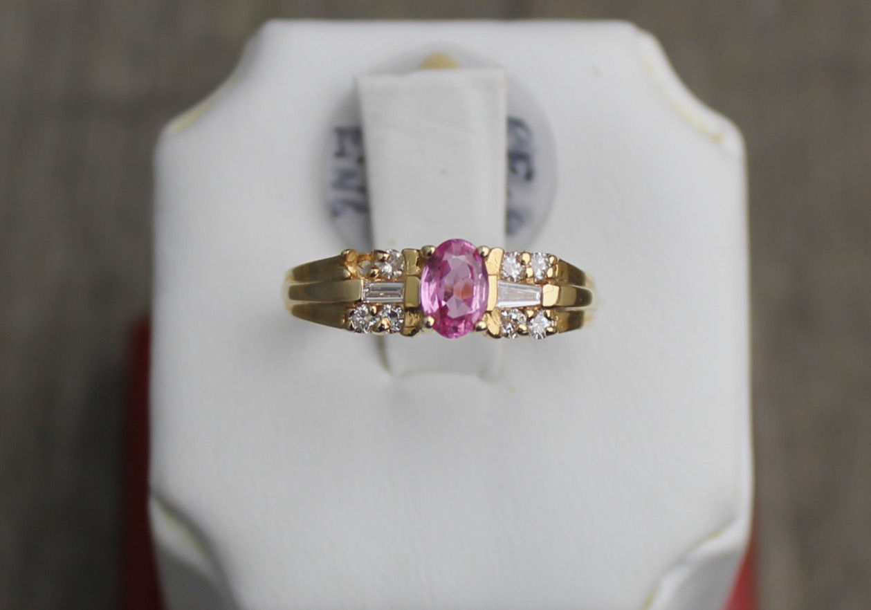 14K Yellow Gold Pink Sapphire and Diamond Ring