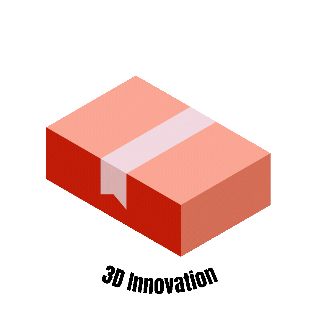 Stylised red 3D illustration of a cardboard box sealed with white tape, with the caption “3D Innovation”.
