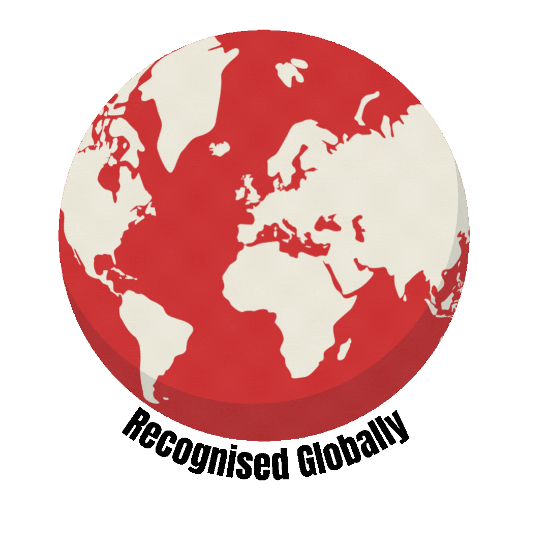 Animated illustration of a rotating red globe showing all continents, with a black airplane flying around it in a loop, accompanied by the text “Recognised Globally.