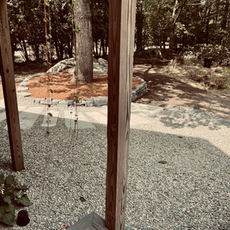 Flagstone Pathways, Chunk Granite Retaining Wall, Granite Step and Landing, River Round Sitting Area, and Arbor Bed with New Mulch.  Newmarket, NH. 