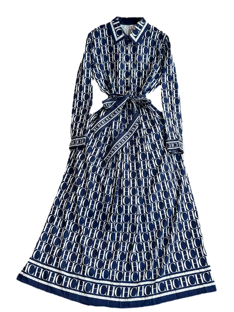 Miniatura: Vestido Elegante Retro de Manga Longa com Estampa