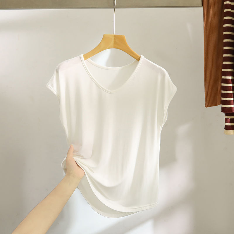 Miniatura: Camiseta Modal Sem Mangas com Decote em V para Mulheres, Camiseta Base Solta e