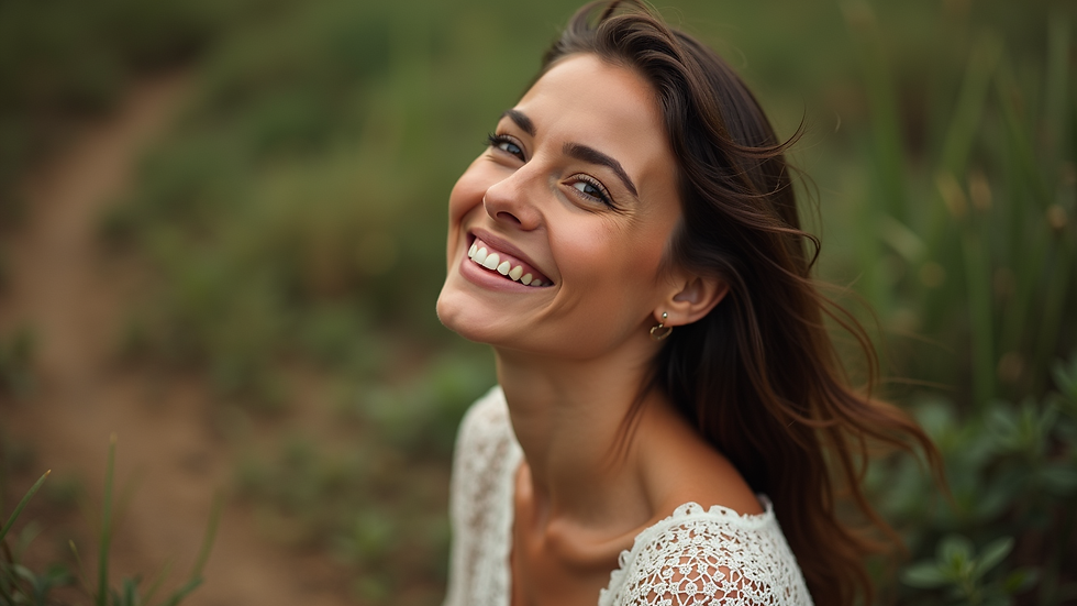 High angle view de uma mulher sorrindo em um ambiente natural, transmitindo confiança e alegria