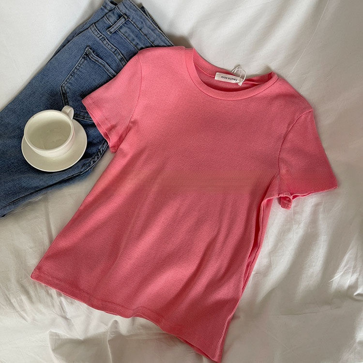 Miniatura: Camiseta Feminina Estilo Americano Manga Curta Canelada