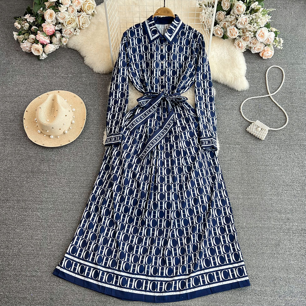 Miniatura: Vestido Elegante Retro de Manga Longa com Estampa