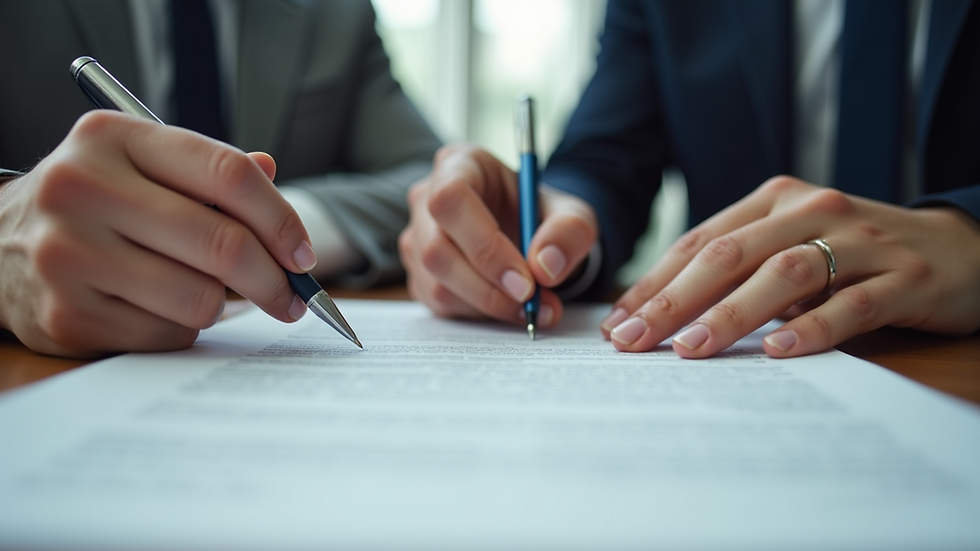 Close-up view of hands holding a pen and signing a loan agreement