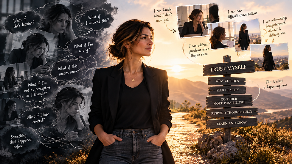 A woman moves from a shadowed landscape of anxious thoughts and past experiences toward a brighter path of self-trust, clarity, thoughtful response, and acceptance of uncertainty.