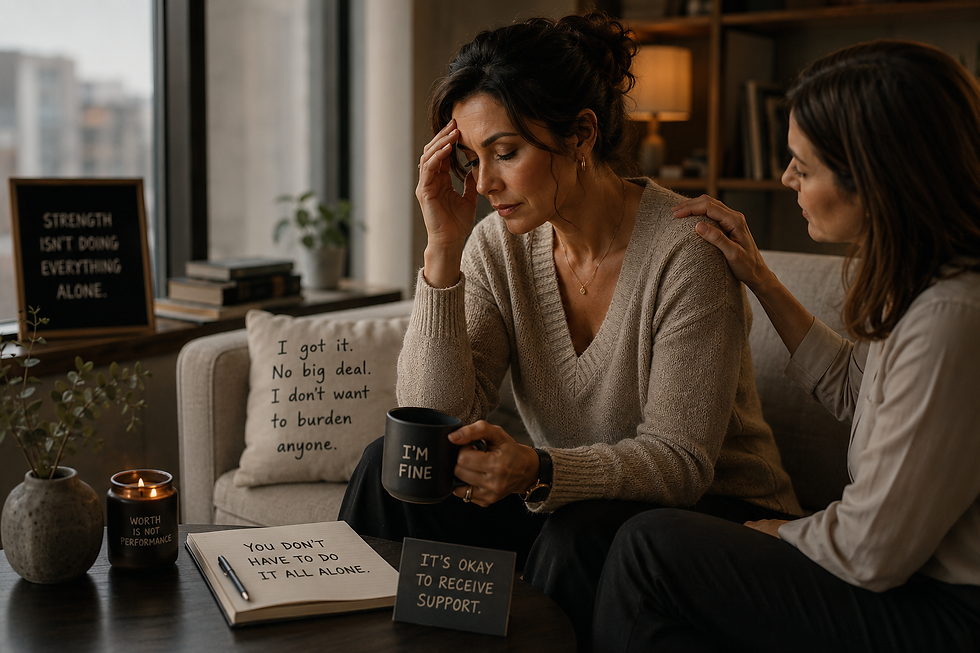 wo professional women sharing a supportive conversation as one comforts the other, representing emotional resilience, self-trust, and the importance of receiving support in leadership.