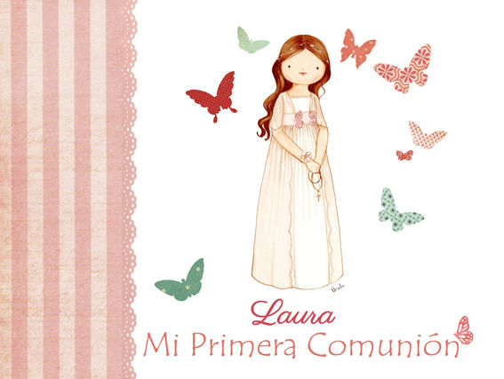 Miniatura: Libro personalizado con rayas rosa para Primera Comunión