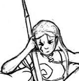 Small girl holding spear glaring at camera with a prominent scar over her right eye