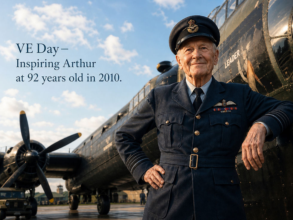 Arthur British Bomber in his 90's standing next to his old lancaster plane.