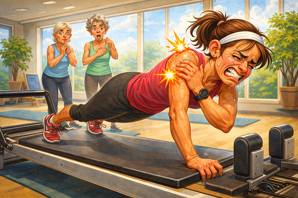 Woman struggles with shoulder pain during plank on a gym reformer. Two older women, surprised, watch. Bright gym with large windows.