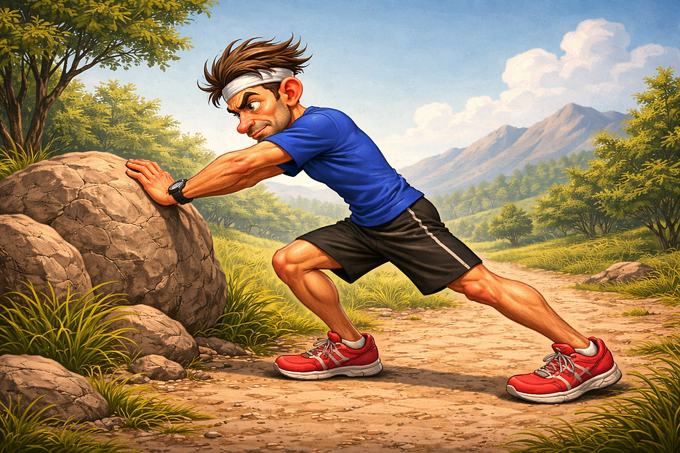 A sporty man in blue shirt and red shoes pushes a boulder on a scenic trail with mountains in the background, expressing determination.