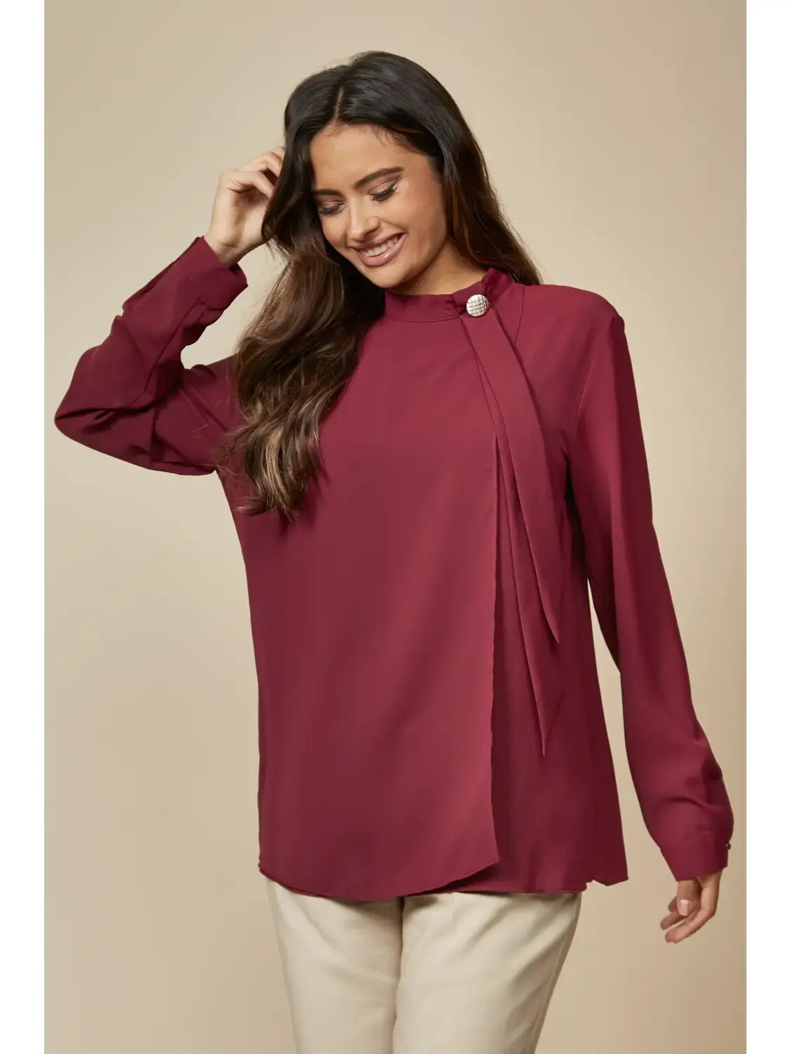 Oversized High Neck Top with Brooch Details in Burgundy