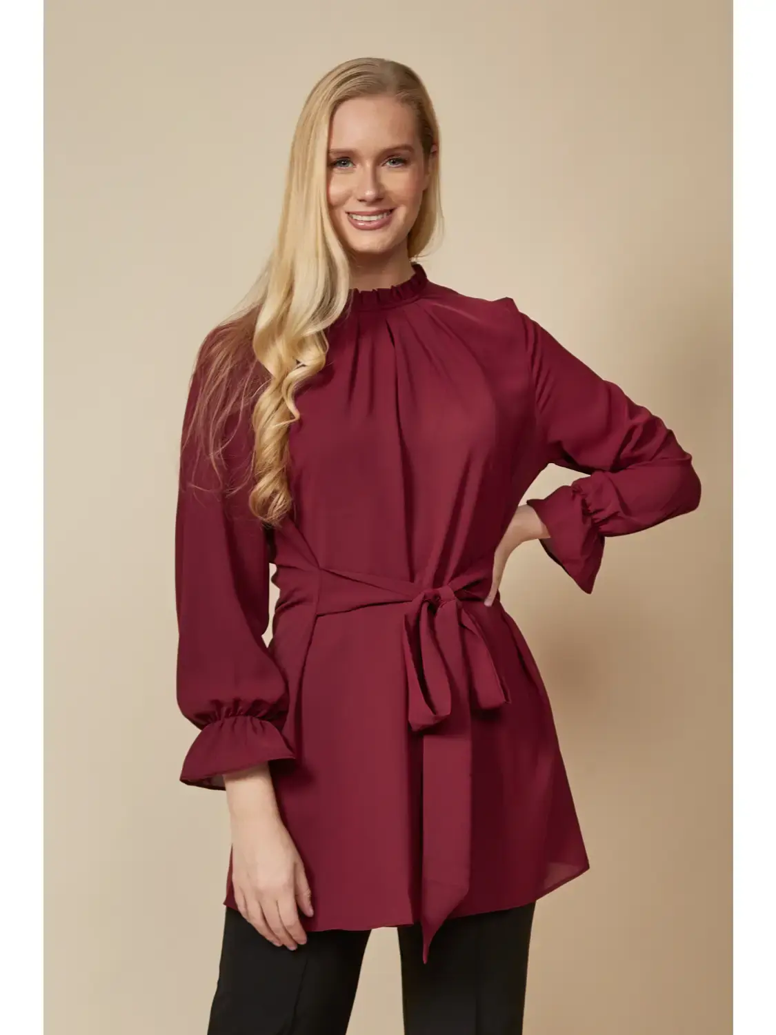 HOXTON GAL Oversized Tie Ruffle Neck Top with Tie Waist- Burgundy