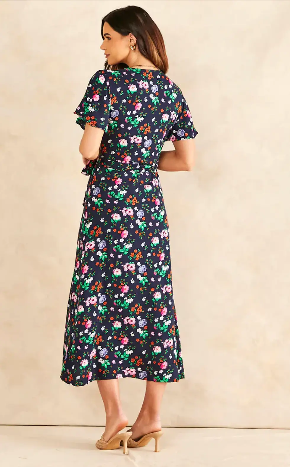 Thumbnail: Wrap Midi Dress in Black Floral print