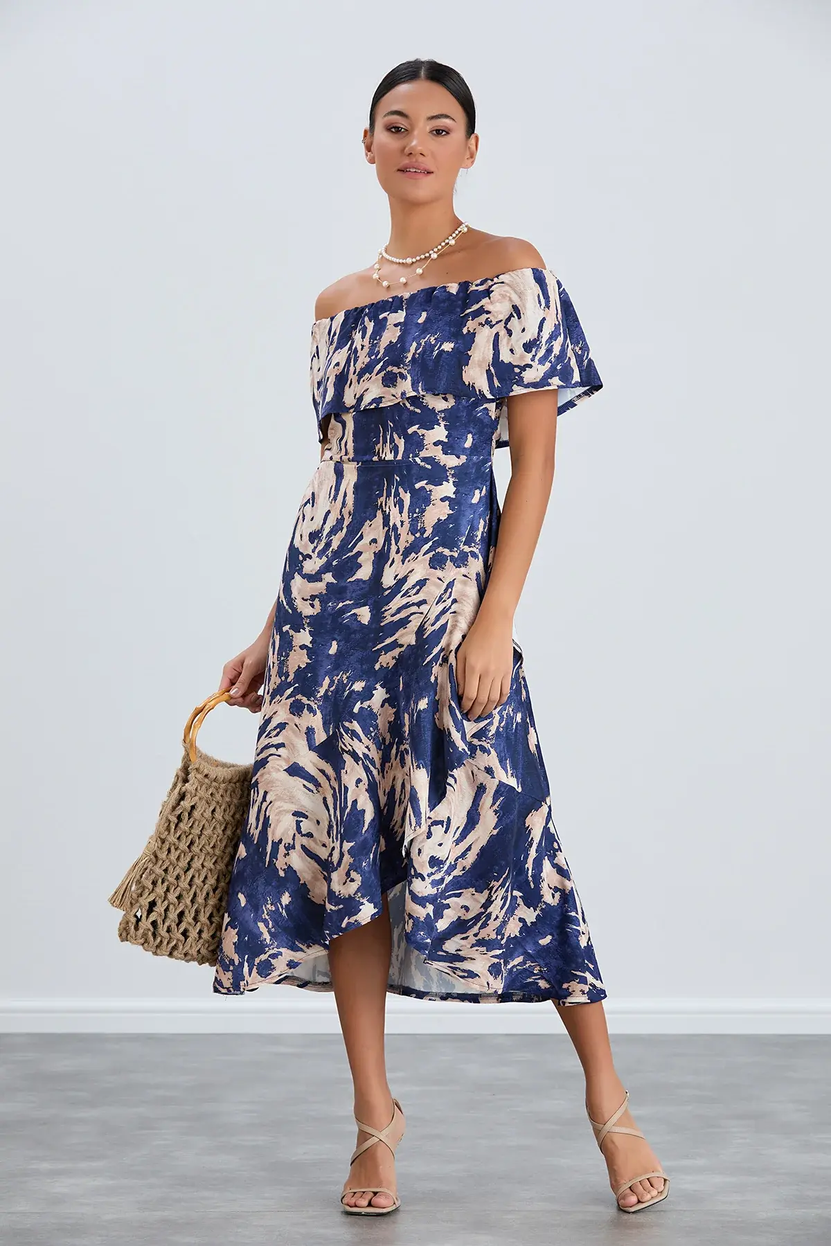 Bardot Off Shoulder Midi Dress - Navy Print