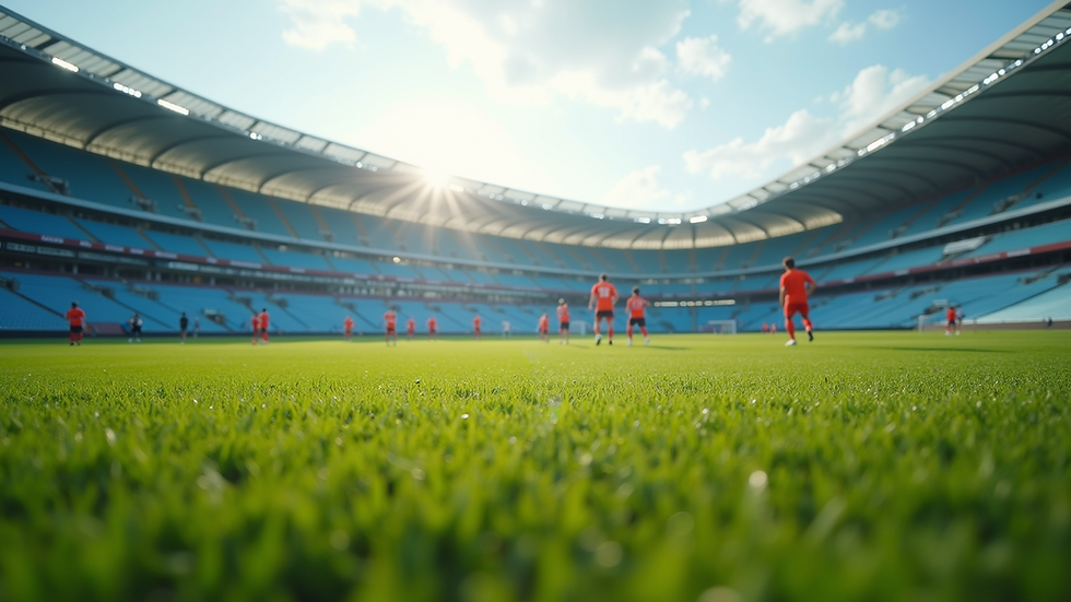 Wide angle view of a football training field with players practicing