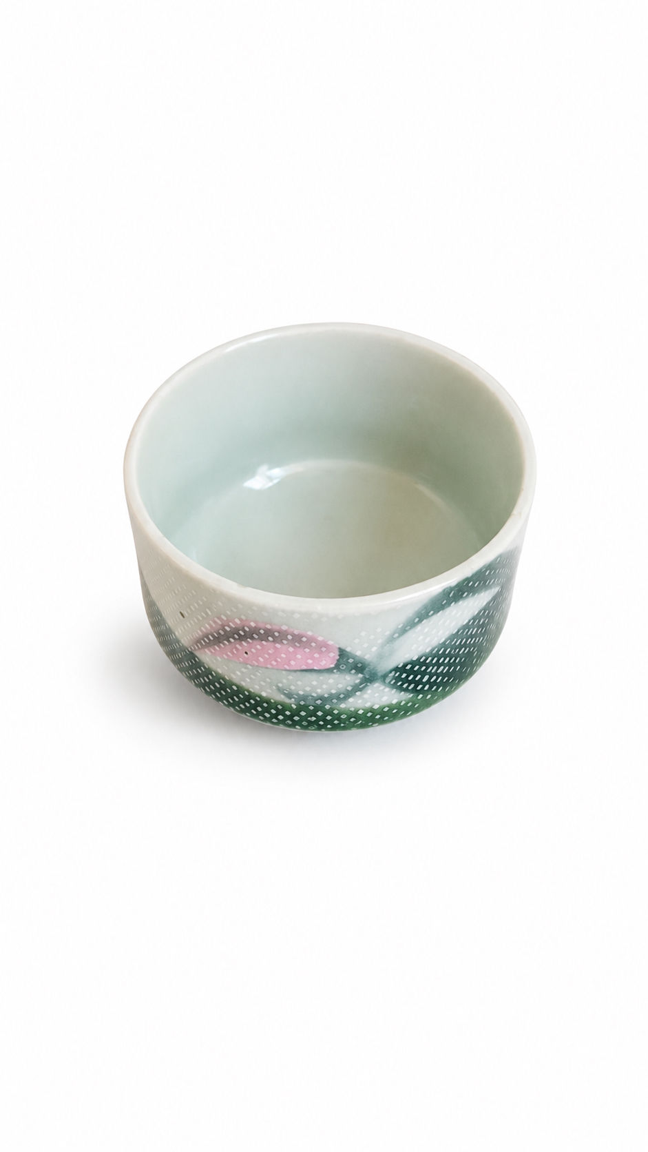 Miniatura: Cuenco japonés con diseño verde, rosado y base café   