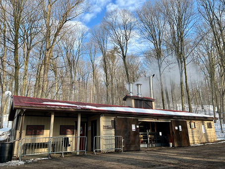 Sugar Shack at Purple Woods. A log cabin with smoke coming out of the chimney. Double doors are open to reveal the evaporator.