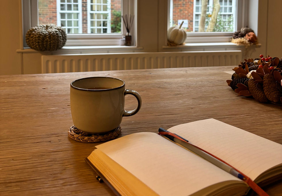 A mug and a notebook on a table