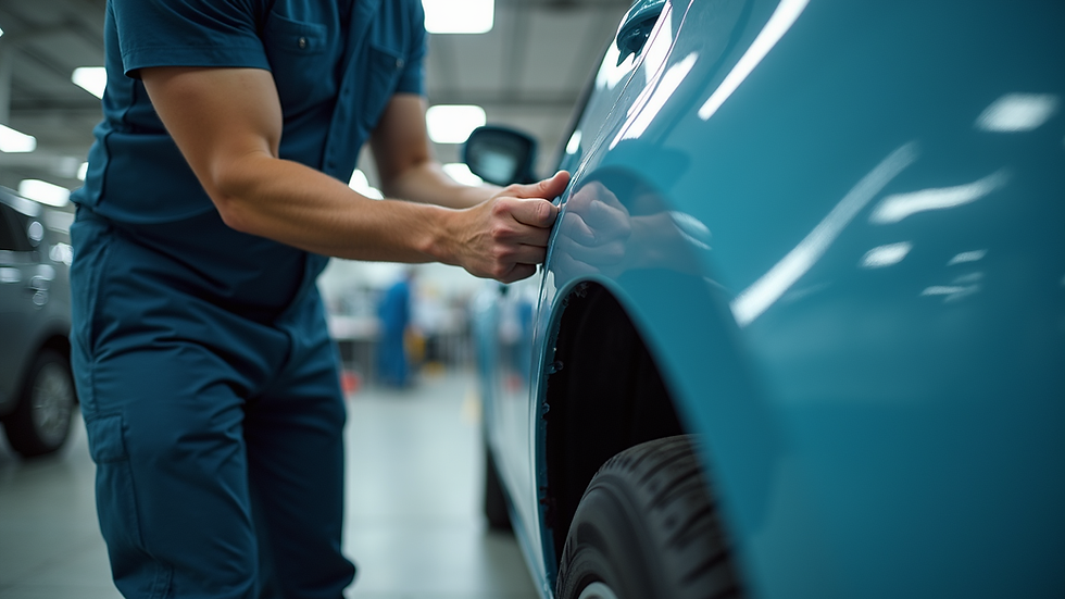 Eye-level view of a car technician applying paint to a car door