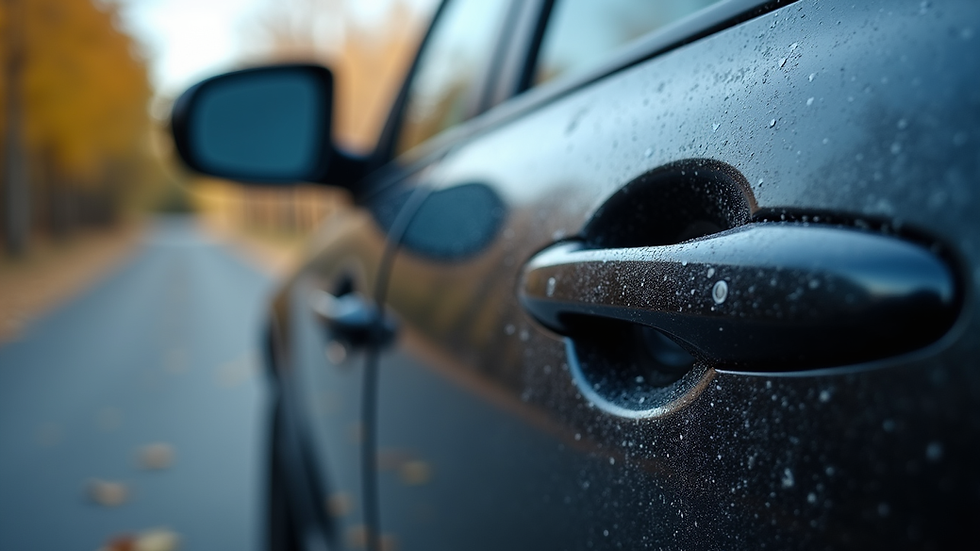 Eye-level view of a car door with visible hail dents