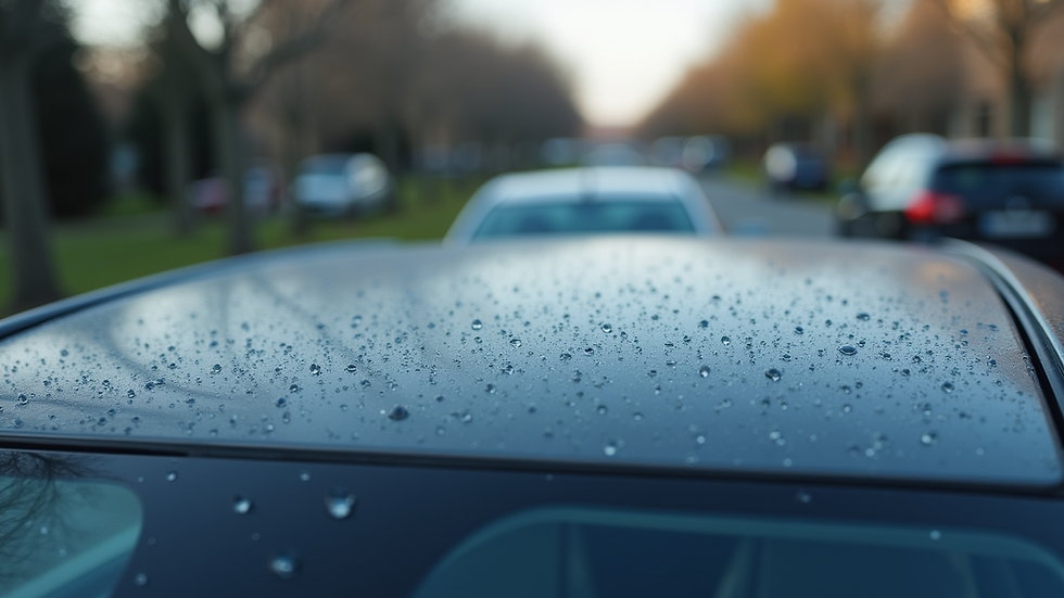 Close-up view of car roof with multiple small hail dents